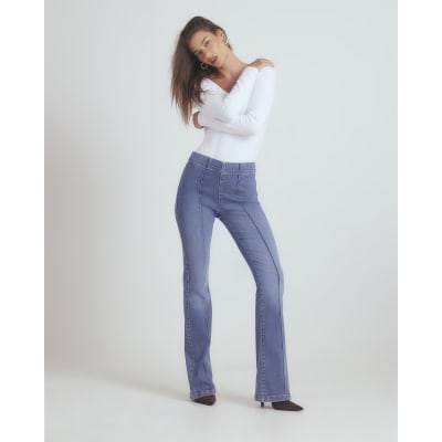 Blue High Rise Pull On Flared Jeans