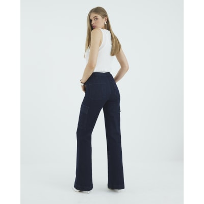 Blue High Rise Relaxed Flared Cargo Jeans