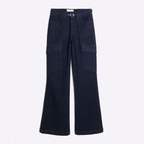 Blue High Rise Relaxed Flared Cargo Jeans