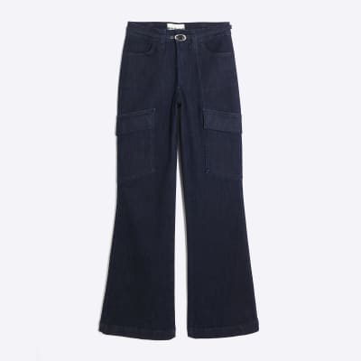 Blue High Rise Relaxed Flared Cargo Jeans