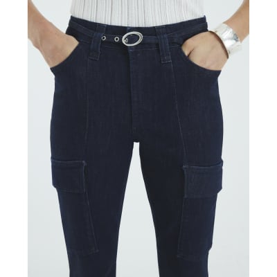Blue High Rise Relaxed Flared Cargo Jeans
