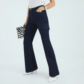 Blue High Rise Relaxed Flared Cargo Jeans