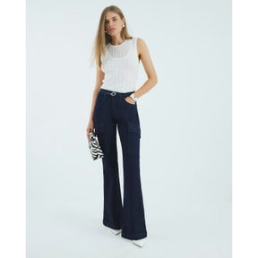 Blue High Rise Relaxed Flared Cargo Jeans