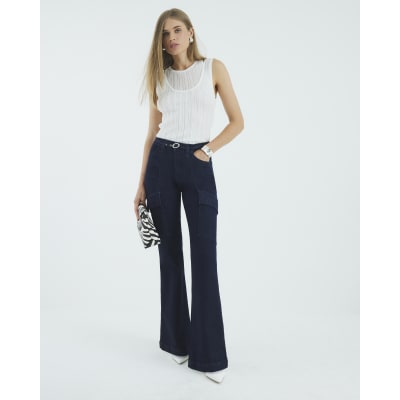 Blue High Rise Relaxed Flared Cargo Jeans