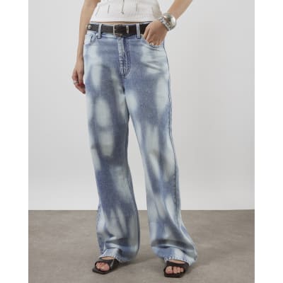 Blue High Rise Relaxed Straight Leg Jeans