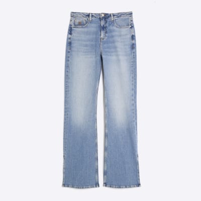 Blue High Rise Split Hem Flared Jeans