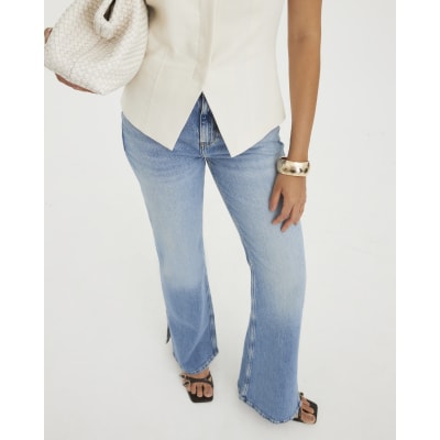 Blue High Rise Split Hem Flared Jeans