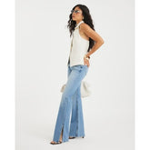 Blue High Rise Split Hem Flared Jeans