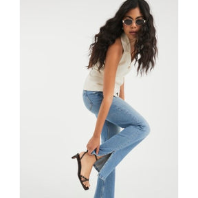 Blue High Rise Split Hem Flared Jeans