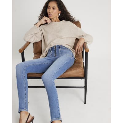 Blue High Rise Zip front Skinny Jeans