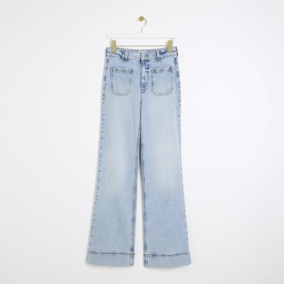 Blue high waisted front pocket wide leg jeans