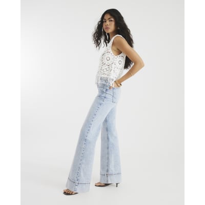 Blue high waisted front pocket wide leg jeans
