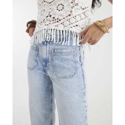 Blue high waisted front pocket wide leg jeans