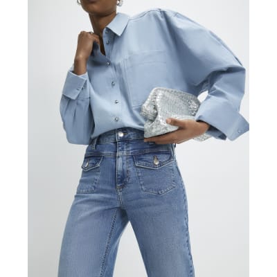 Blue High Waisted Relaxed Flare Jeans