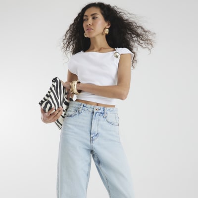 Blue high waisted relaxed straight fit jeans