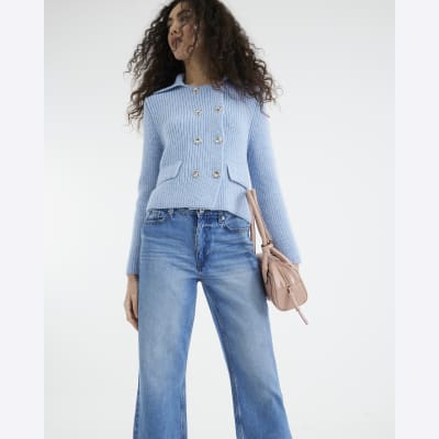 Blue high waisted relaxed straight leg jeans