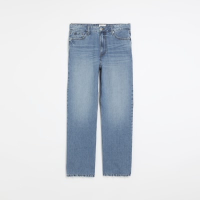 Blue high waisted relaxed straight leg jeans