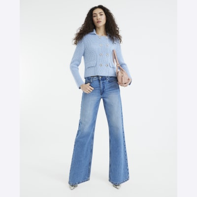 Blue high waisted relaxed straight leg jeans
