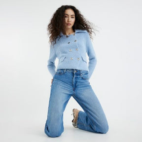 Blue high waisted relaxed straight leg jeans