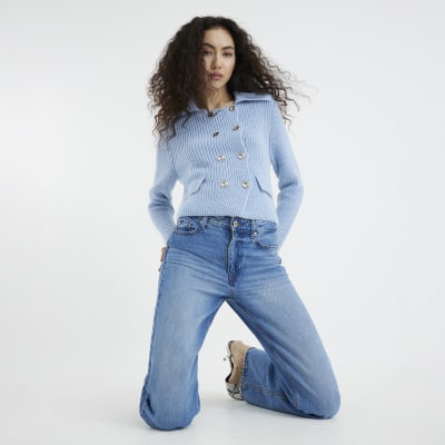 Blue high waisted relaxed straight leg jeans