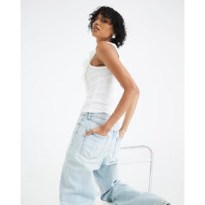 Blue high waisted relaxed straight leg jeans