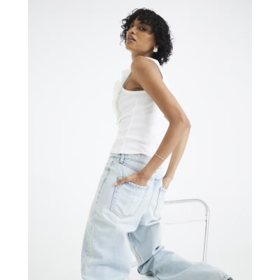 Blue high waisted relaxed straight leg jeans