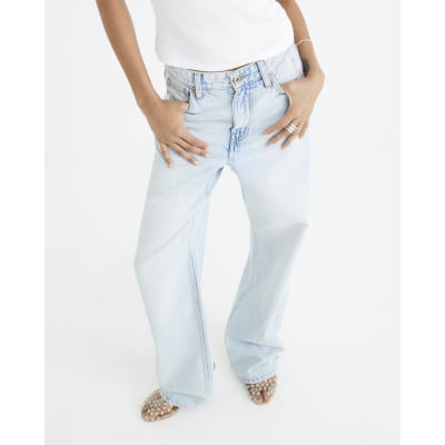 Blue high waisted relaxed straight leg jeans