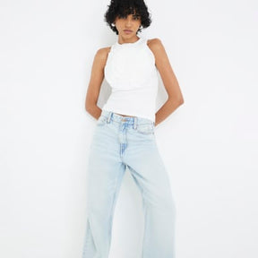 Blue high waisted relaxed straight leg jeans