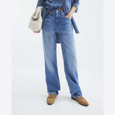 Blue High Waisted Stretch Straight Leg Jeans