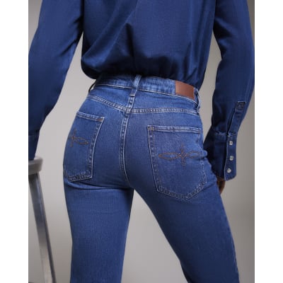 Blue High Waisted Stretch Straight Leg Jeans