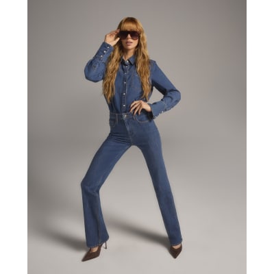 Blue High Waisted Stretch Straight Leg Jeans