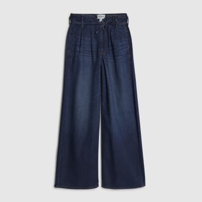 Blue High Waisted Tie Detail Wide Leg Jeans