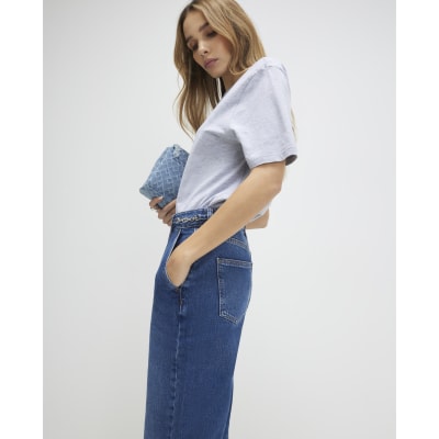 Blue High Waisted Wide Leg Snaffle Jeans