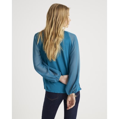 Blue Jersey Back Pleated Long Sleeve Top