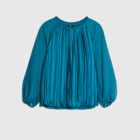 Blue Jersey Back Pleated Long Sleeve Top