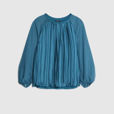 Blue Jersey Back Pleated Long Sleeve Top