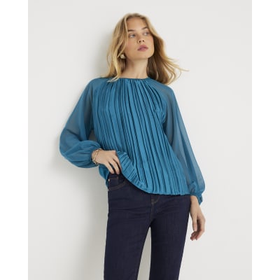 Blue Jersey Back Pleated Long Sleeve Top