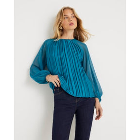 Blue Jersey Back Pleated Long Sleeve Top