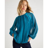 Blue Jersey Back Pleated Long Sleeve Top