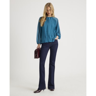 Blue Jersey Back Pleated Long Sleeve Top