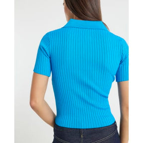 Blue Knit Ribbed Polo Top