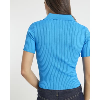 Blue Knit Ribbed Polo Top