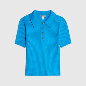 Blue Knit Ribbed Polo Top