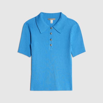 Blue Knit Ribbed Polo Top
