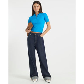 Blue Knit Ribbed Polo Top