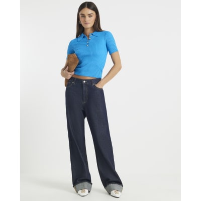 Blue Knit Ribbed Polo Top