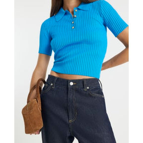 Blue Knit Ribbed Polo Top