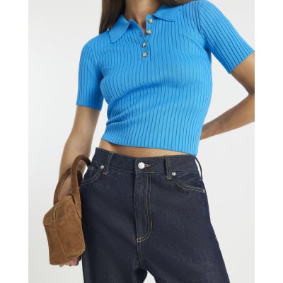 Blue Knit Ribbed Polo Top