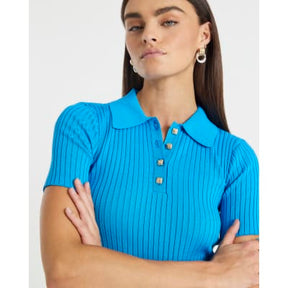 Blue Knit Ribbed Polo Top