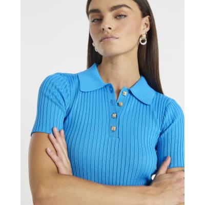 Blue Knit Ribbed Polo Top